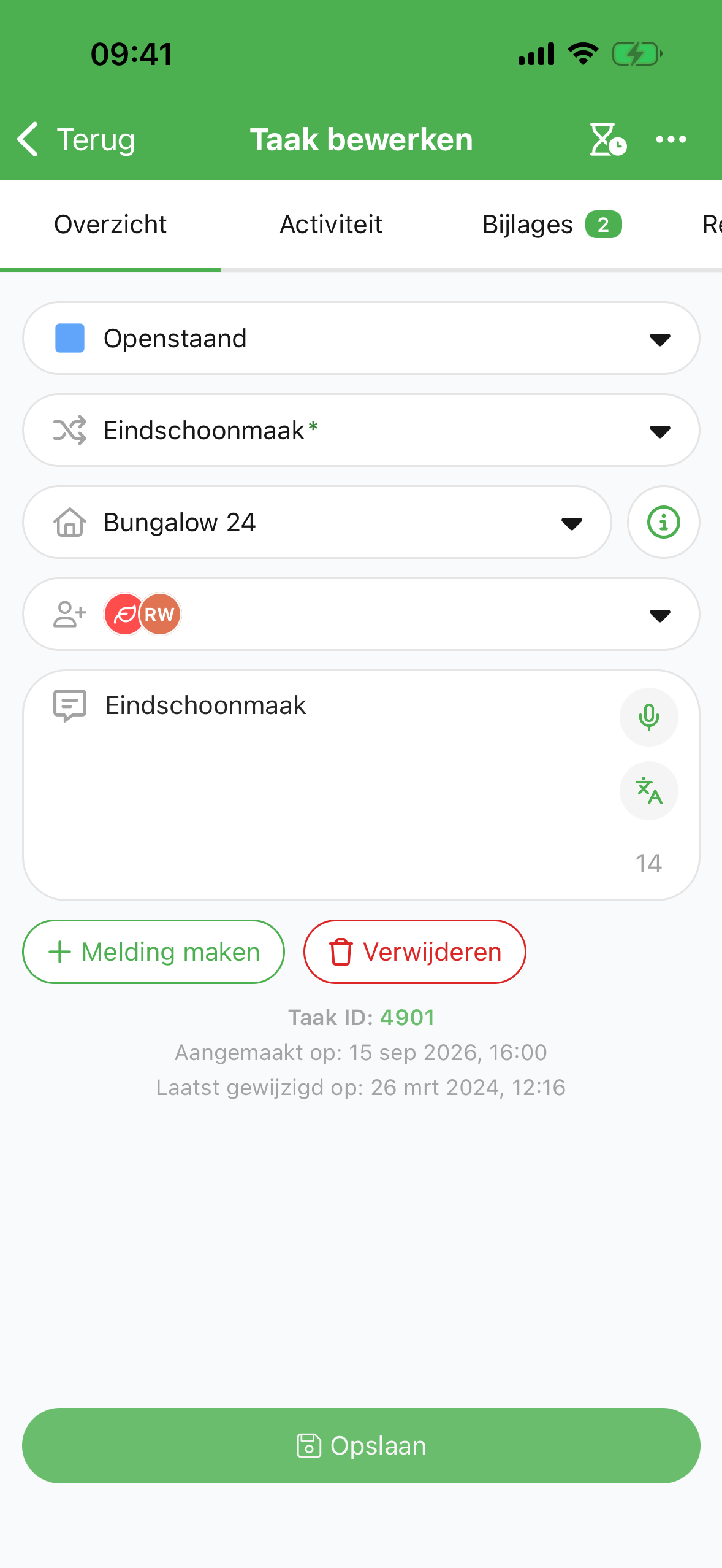 De eindschoonmaak van Bungalow 24 in de Verbleif-app.