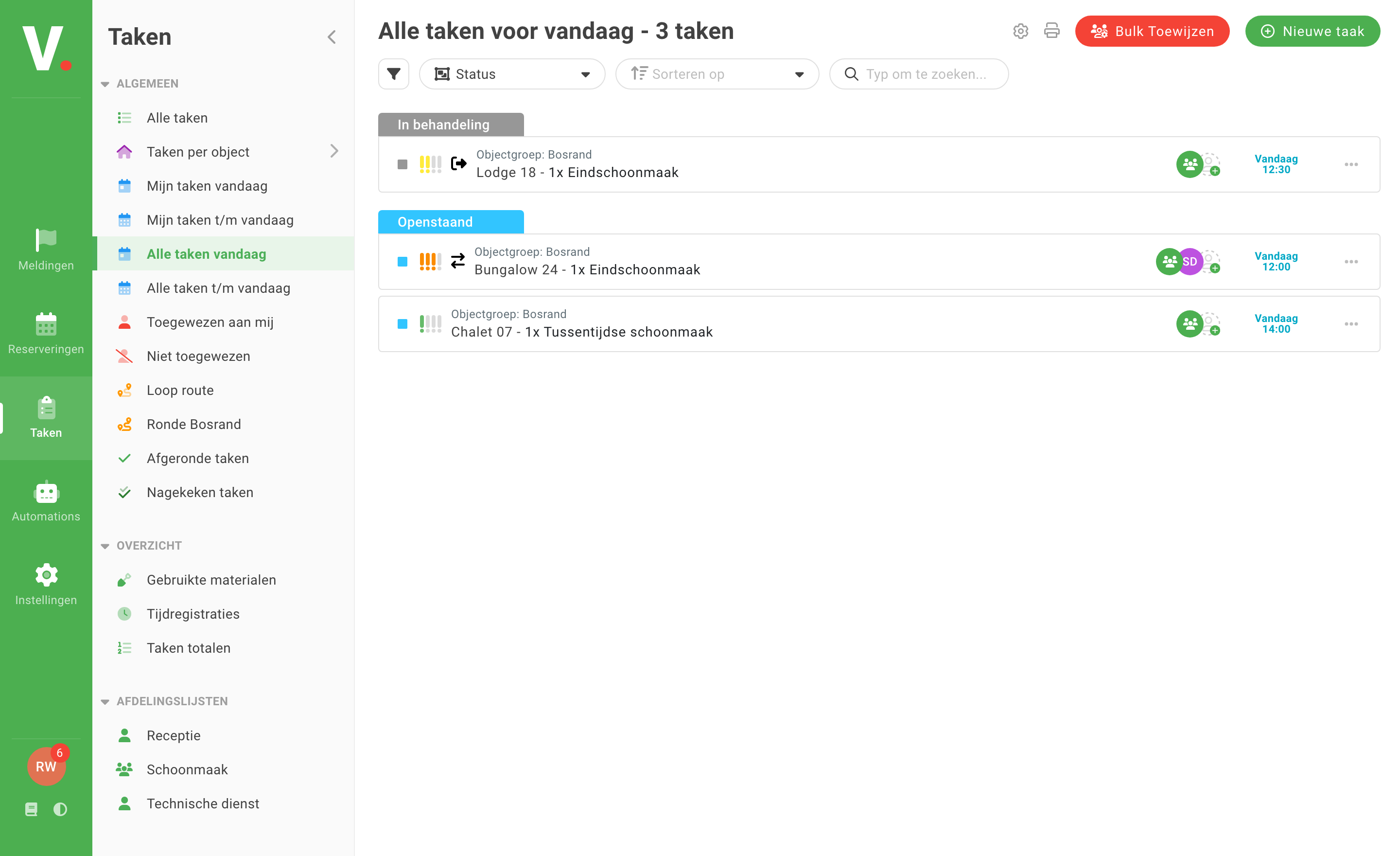 Takenoverzicht in de Verbleif-webapp, met de eindschoonmaak van Bungalow 24.